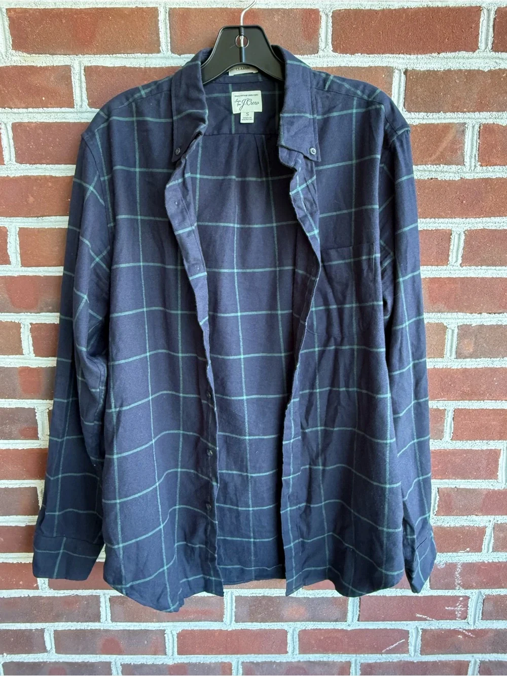 J. Crew Men’s Navy Blue Green Windowpane Plaid Flannel Long Sleeve Shirt Small